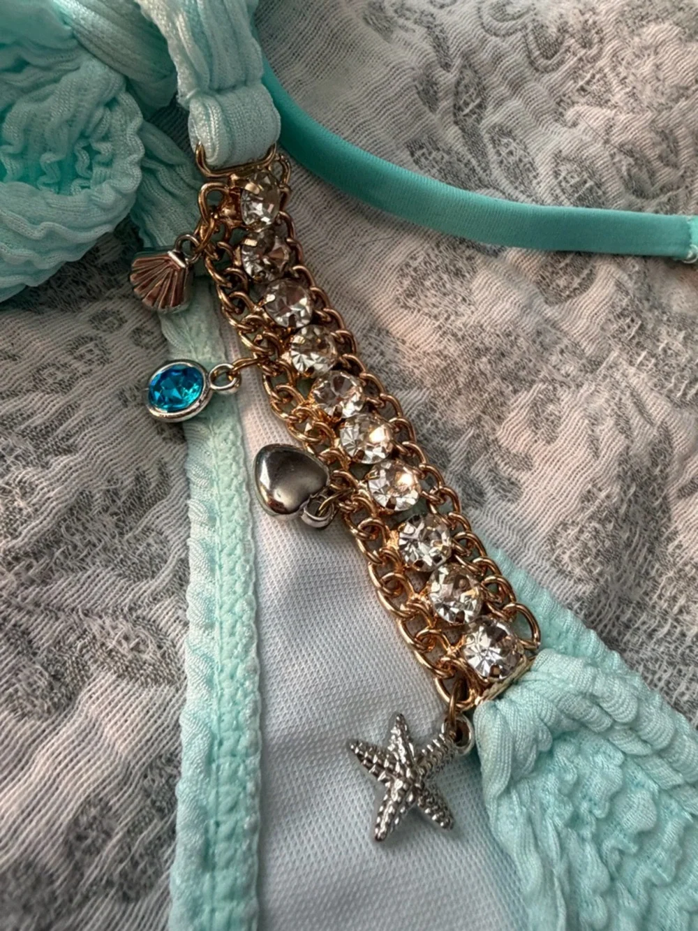 Mint Textured Bikini Set Rhinestone Beachy Chain Detail Size L - Picture 5 of 7